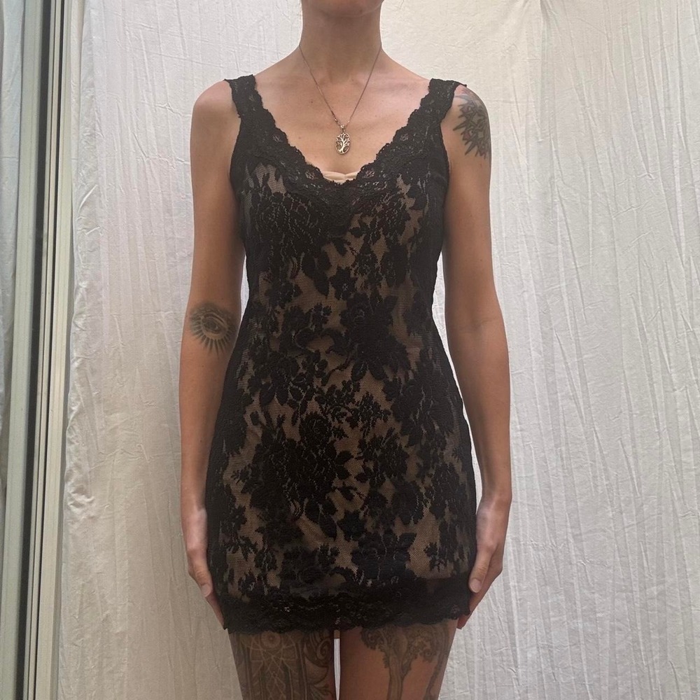 Victoria's Secret Black Lace Floral Mini Slip Dress Vintage 90s Small/Medium